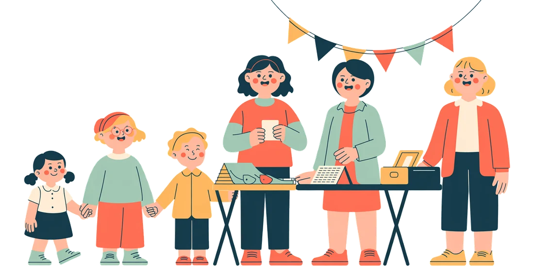 Dessin de la table d’accueil d’une kermesse, sous les fanions